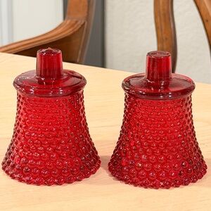 Pair Ruby Red Hobnail UV Reactive Votive Candle Holders